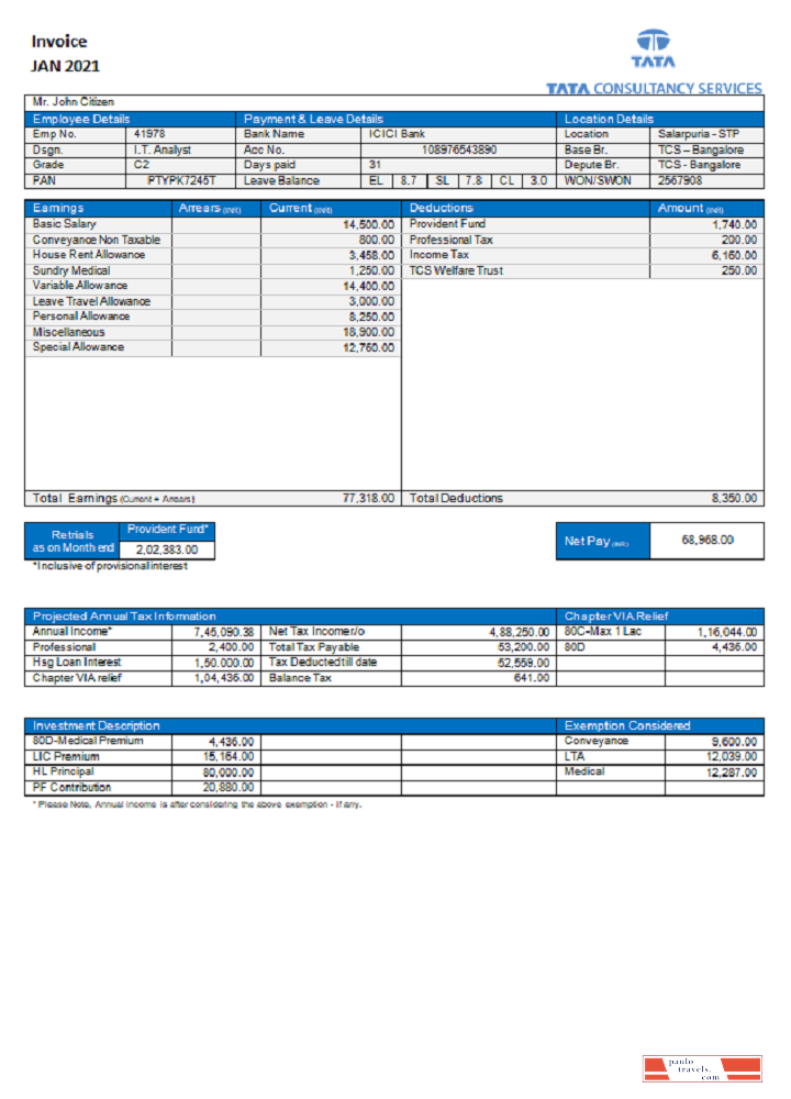 USA Tata Consulting Services invoice PSD template